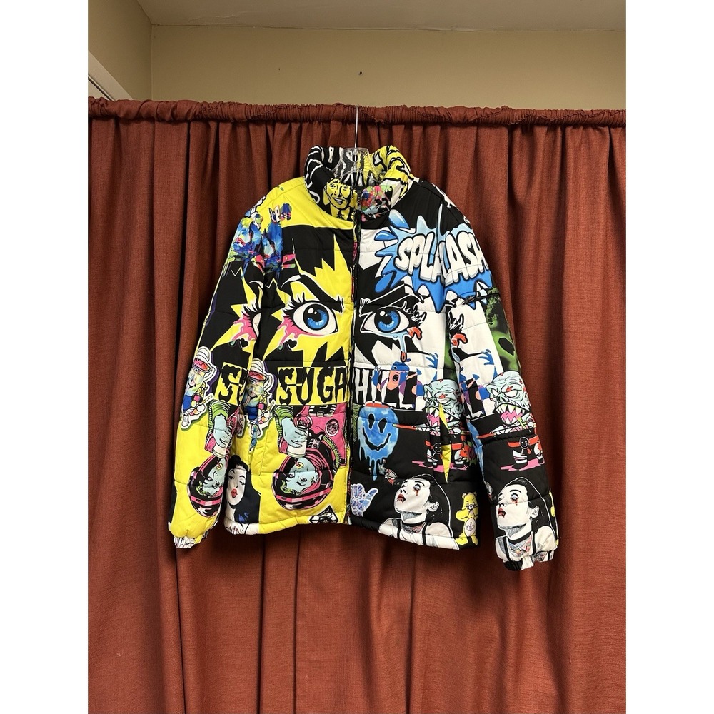 Sugar Hill Psycho Multicolor Puffer Jacket Wild All Over Graffiti Print 3XL